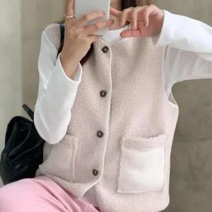 여성 양털 조끼 겨울 이너 무스탕 단추 뽀글이