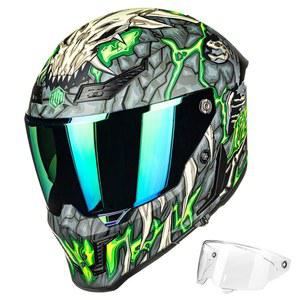 성인 남성용 ILM 오토바이 헬멧 여성 풀페이스 DOT ECE 파워스포츠 듀얼 바이저 스트리트 레이싱 헬멧, 핀록 카코스 파라 모토 모델 MF509 (1일차 그린, 2XL)