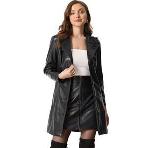 여성용 노치 라펠 칼라 PU 트렌치코트용 알레그라 K 인조 가죽 롱 재킷