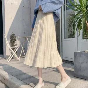 스커트 베이직 심플 여성 니트 주름 스웨트 플레어 롱 스커트