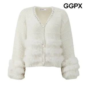 [GGPX] 보석 Y버튼 글리터 퍼 울 니트 가디건 (GPBKG022F)