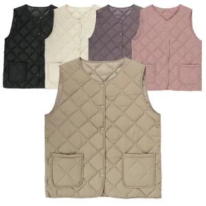 누빔 패딩 다이아 똑딱이 단추 방한 조끼 경량 노카라 브이넥 이너