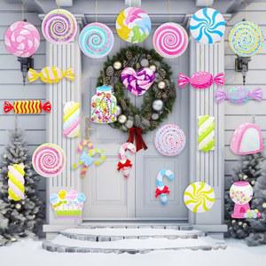 Chunful 25개 대형 파스텔 크리스마스 사탕 지팡이 장식 트리 걸이 양면 캔디 페퍼민트 롤리팝 마시멜로 홈 실내 현관 벽 천장용