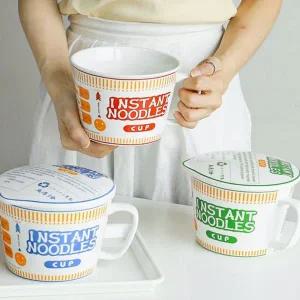 세라믹 라면기 레트로 컵라면기 손잡이 도자기 라면기 뚜껑 그릇 캠핑 간편