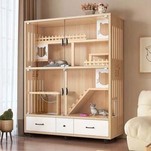 고양이 호텔장 캣타워 캐비닛 원목 120x60x150cm 캣워크 케이지 원목색 숨숨집