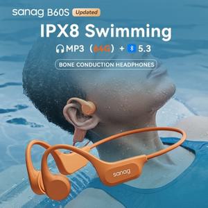 Sanag B60 진정한 뼈 전도 무선 이어폰 수영 라이딩 블루투스 헤드폰 64GB 메모리 MP3 음악 재생 버드