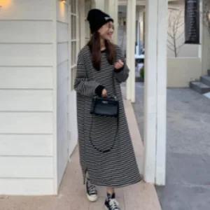 스트라이프 가을 빅사이즈 겨울 롱원피스 원피스 기모 두꺼운 오버핏