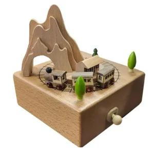 원목오르골 뮤직박스 움직이는 기차마을 태엽 나무