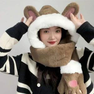 [콩심팥심]후드 머플러 퍼 겨울 보온 소프트 브라운 토끼귀
