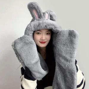 [콩심팥심]후드 머플러 장갑 일체형 겨울 퍼 그레이 토끼귀