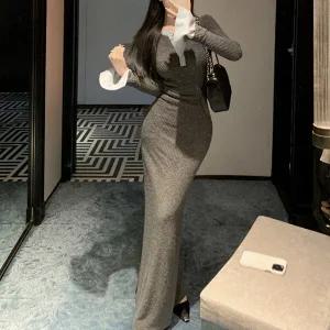 [센트럴몰]슬림핏 골지 오버핸드 A라인 니트 원피스