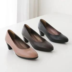[피커]둥근코 소가죽 여성 미들굽 우드굽구두 하이힐