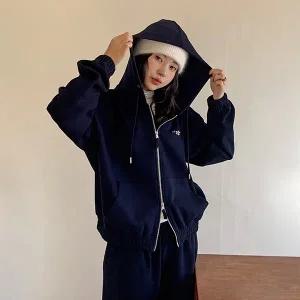 핫핑 [셋업가능][ICH] 헤이크 오버핏 자수 니트지 후드집업