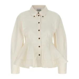 버튼 다운 칼라 페플럼 웨이스트 블라우스 W1002 135