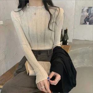 [하프클럽/]프릴 하프넥 반목티 골지니트 여성 슬림핏 긴팔 3색