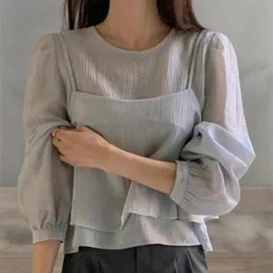 [옷자락]여성 클래식 세미 시스루 뷔스티에 레이어드 셔츠