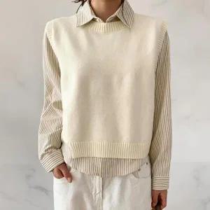 [옷자락]여성 캐주얼 줄무늬 셔츠 루즈핏 크롭 조끼 세트