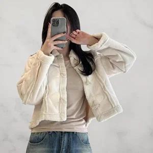 [옷자락]여성 무스탕 떡볶이 스웨이드 양모 카라넥 크롭 자켓