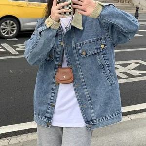 여성 배색 카라 골덴 연청 캐주얼 데님 자켓
