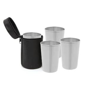 휴대용 스텐 캠핑 컵 4개 세트 170ml 가죽 파우치 용컵 용품 등산 보관치 이중 스테인리스
