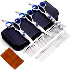 메두웨두 7 in 1 개 그루밍 가위 세트, 안전한 둥근 머리, 날카롭고 내구성, 두 개의 스테인리스 빗, 고양이와 개를 위한 애완동물