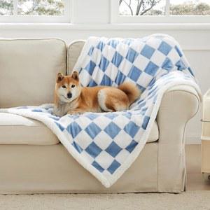 오오컷 체크무늬 개 담요, 작은 개와 고양이를 위한 파란색 자카드 셰르파 소파 보호용 플러피 플리스 애완동물 25인치 x35인치