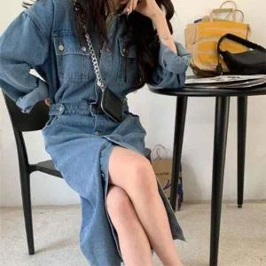 [에이치플러스몰]TC 허리조절 가능 뛰어난 활동성 데님 원피스 외출룩