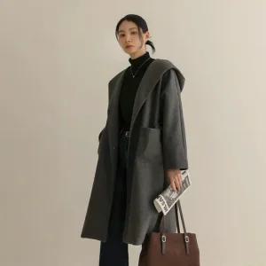 [66-110] 드로 후드 벨티드 롱 코트