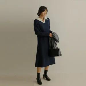 [66-110] 네자 배색 브이 카라 롱 원피스