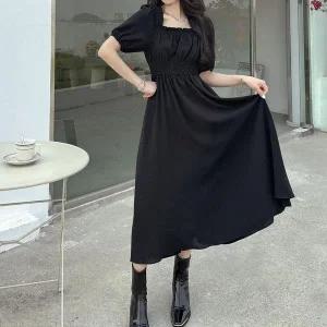 [에이치플러스몰]스퀘어넥 퍼프소매 셔링밴딩 휴양지룩 롱원피스