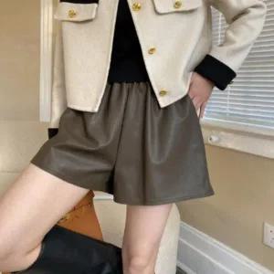 [다잇템] 여성 짧은 고무줄 하이웨이스트 레더 팬츠