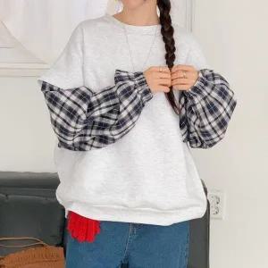 [다잇템] 여자 콘트라스트 박시핏 보온 격자 벌룬 코디 맨투맨_23844589_588872