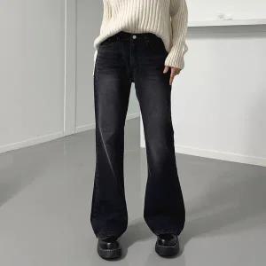 여자 나팔 면원단 보온 검정데님 캣워싱 논스판 청바지