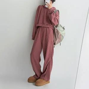 [신세계라이브쇼핑][옷자락] 여자 크롭 박스 골지 후드티 밴딩 일자핏 바지 세트