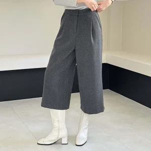 여자 핀턱 FW 기모와이드 모직 속밴딩 8부 바지