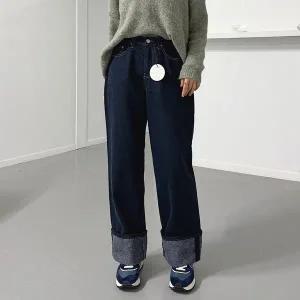 [신세계라이브쇼핑][옷자락] 여자 기모 생지 롤업 스티치 논페이드 블랙 청바지