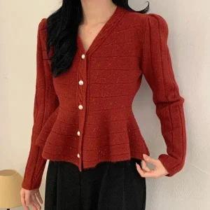 [다잇템] 여자 꽈배기 페플럼 버튼 FW 골지니트 V넥 가디건_23853121_588872