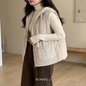 [보니제이]BONNIE J 퀼팅 배색 베스트 후드 집업 조끼 여성 겨울
