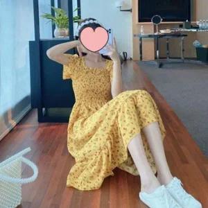 [하프클럽/]하늘하늘 스모크 밴딩 플라워 롱 원피스