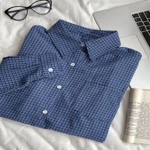 [하프클럽/]잔체크 패턴 블루컬러 루즈핏 깔끔한 긴팔 셔츠 남방