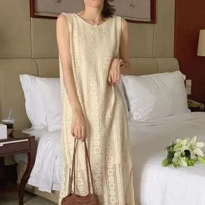 [하프클럽/]여성 원피스 레이스 펀칭 민소매 나시 루즈핏 롱 드레스