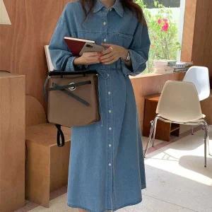 [하프클럽/]데님 셔츠 롱 원피스 빅포켓 허리끈 데일리 청원피스