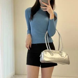 [신세계라이브쇼핑][옷자락] 여자 하이넥 반목 골지 슬림핏 긴팔 데일리룩 니트