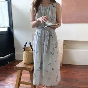 [하프클럽/]나뭇잎 패턴 민소매 원피스 A라인 롱원피스 허리스트링 상의핀