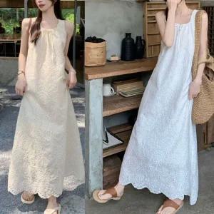 [하프클럽/]펀칭 플라워 자수 원피스 A라인원피스 U넥 셔링 스트링 물결끝단