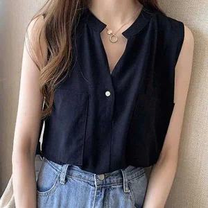 [하프클럽/]브이넥 민소매 블라우스 여성 여름 나시 오피스룩