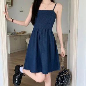 [하프클럽/]끈나시 데님 원피스 미니멀기장 허리선 셔링 플레어스커트 옆지