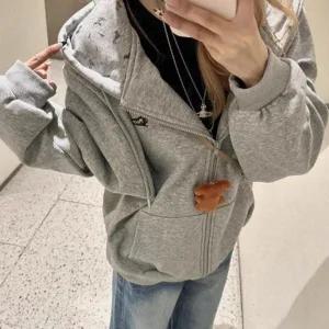 [하프클럽/]강아지자수디테일 프린트 박시핏 회색 스탠다드 후드지퍼 장팔