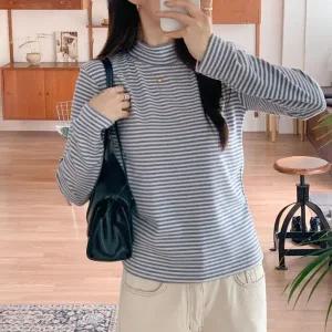 [다잇템] 여자 편한 줄무늬 긴팔티 모크넥 기모이너티 티셔츠