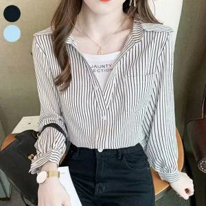 [하프클럽/]컴포트 줄무늬 남방형 가을철 반팔티출근룩 걸스 코디레이어드